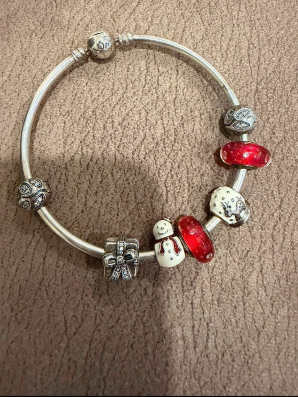 Pandora Silver Bracelet with Red and Cream Holiday Charms